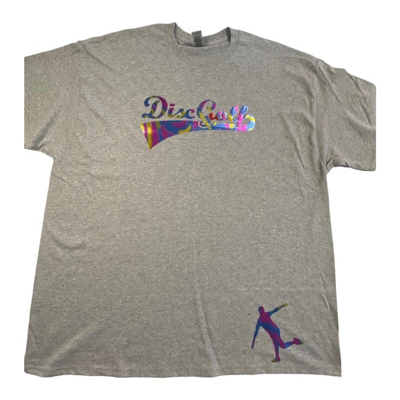 Disc Golf Shirt RAINBOW HOLOGRAPHIC BASKET Logo 2XL Graphic T-Shirt Gildan Grey - Picture 1 of 9